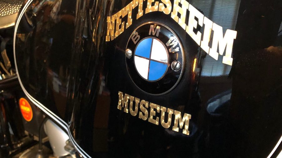 closeup of a gas tank with the Nettesheim Museum logo in gold leaf