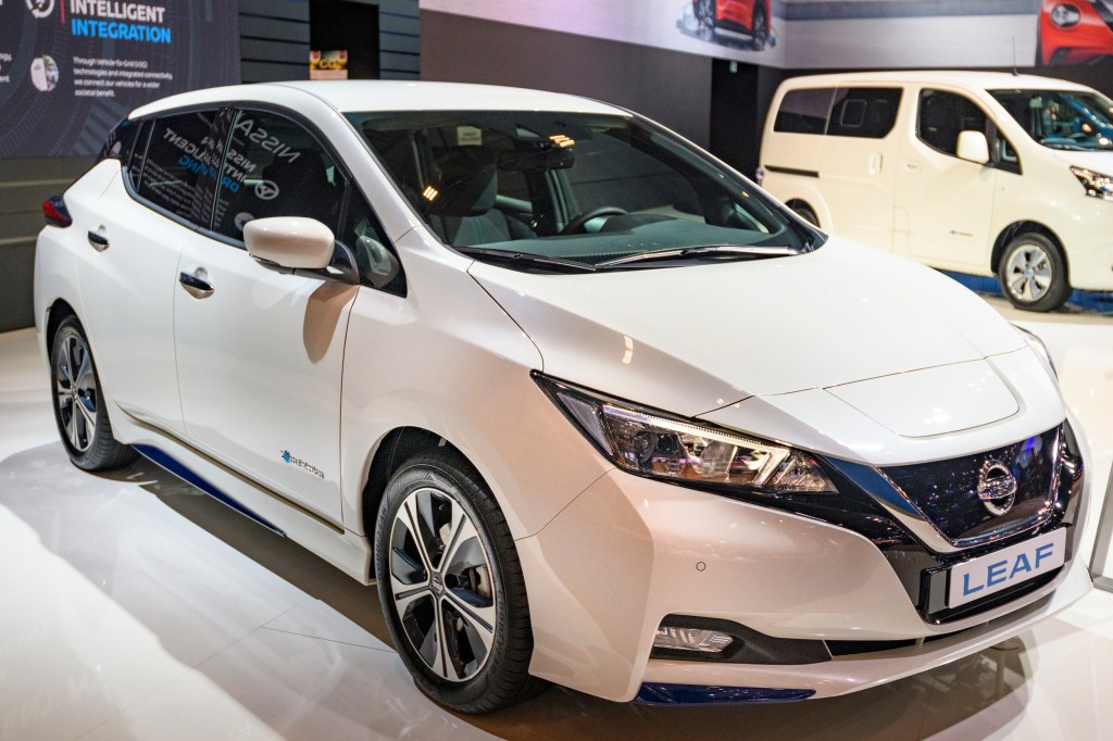 Nissan Leaf compact five-door hatchback battery electric vehicle on display at Brussels Expo on January 9, 2020 in Brussels, Belgium