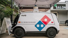 A Nuro R2 self-driving autonomous Dominos pizza delivery vehicle in Houston, Texas