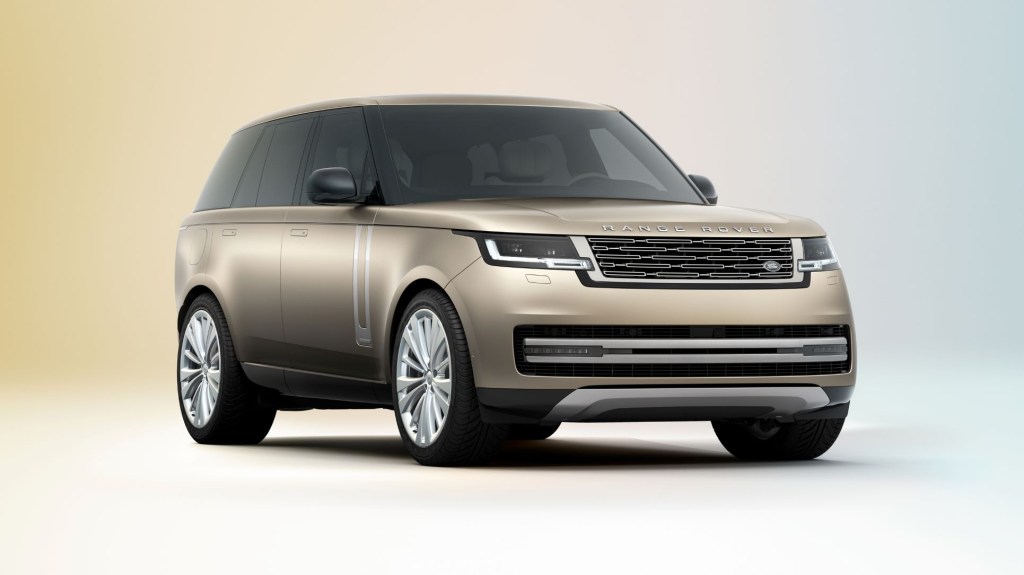 Passenger's side front angle view of beige 2022 Land Rover Range Rover