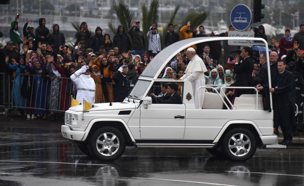 Pope Francis riding in a modified Mercedes-Benz M-Class