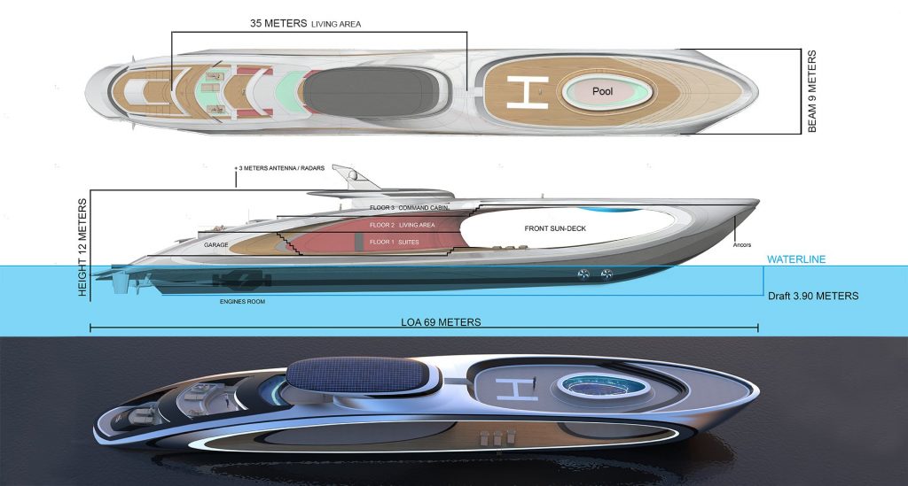 Profile drawings and specifications of Lazzarini The Shape superyacht