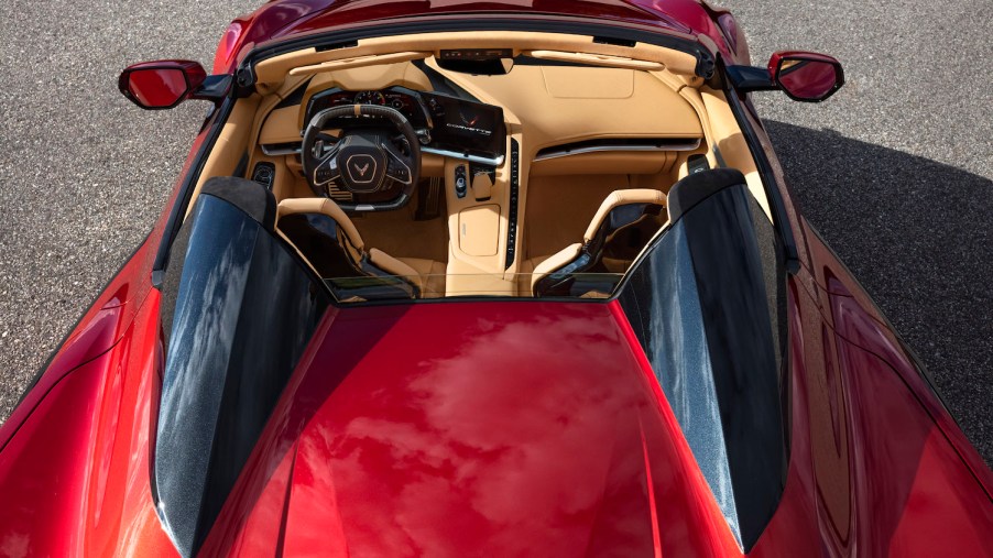 2023 Corvette Z06: red over tan leather. Chevy engineer admits supercar project targets Ferrari 458. | General Motors