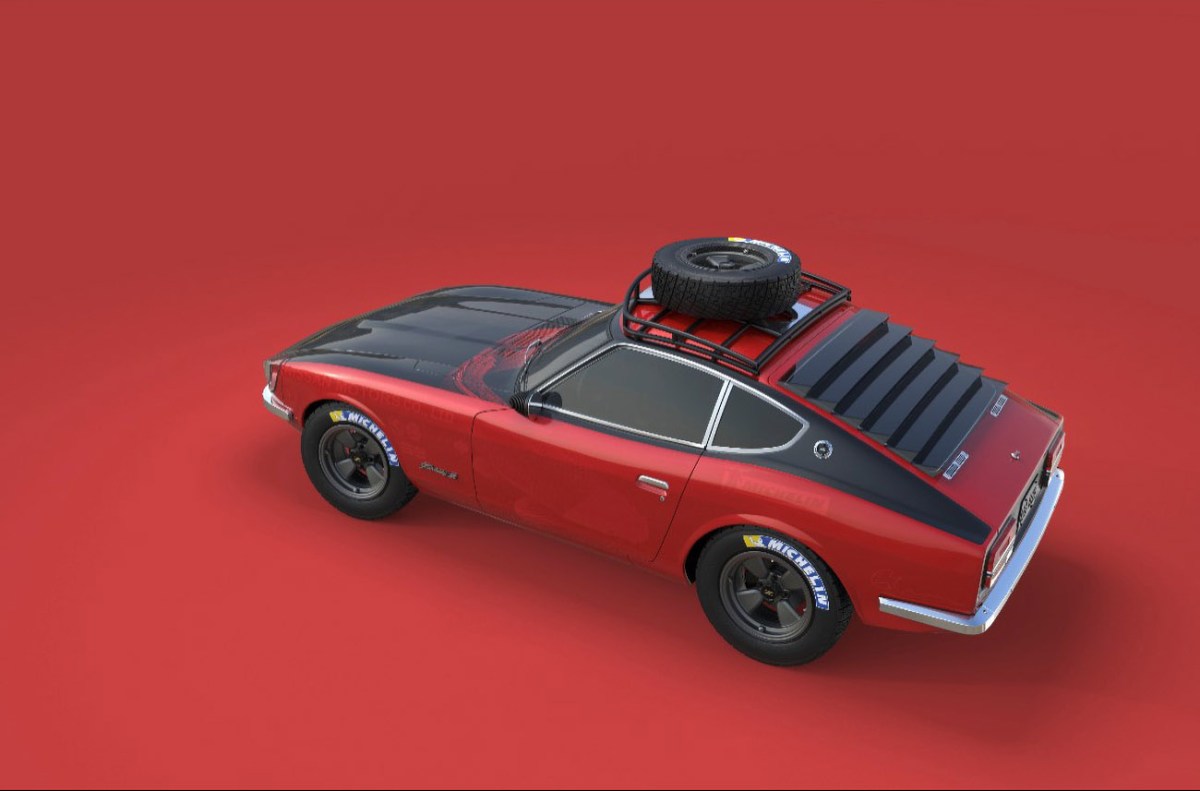 1971 Nissan 240Z with a red and black paint scheme and roof rack with full-sized spare tire. Dubbed the "DocZ" this car was built by 'Fast and Furious' star Sung Kang. the DocZ will be on display at SEMA 2021
