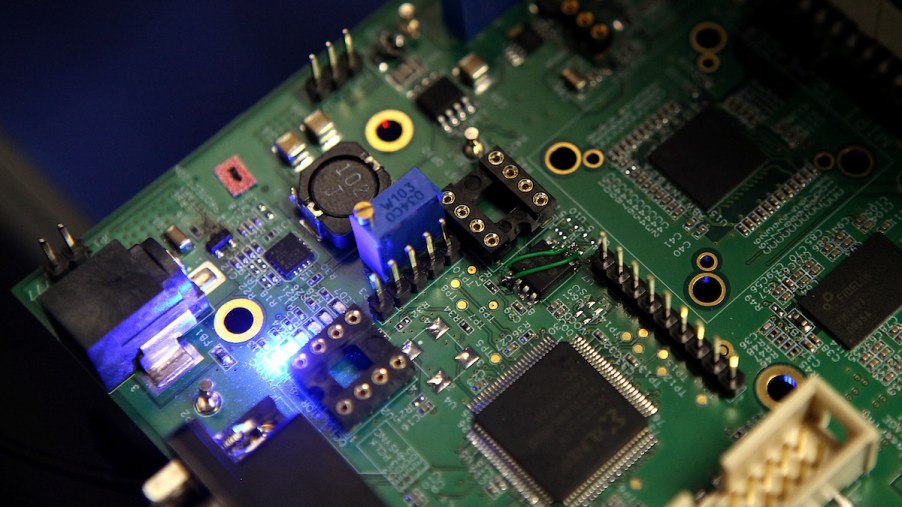 Semiconductor chips on a circuit board that powers a Samsung video camera