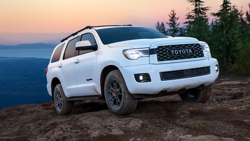 This is a promotional photo of a second-generation Toyota Sequoia, similar to the 2022 Toyota Sequoia. It's the only remaining Toyota SUV with a V8 engine.