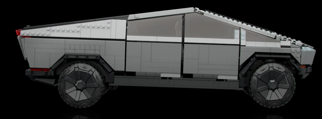 Side view of Mattel Mega Tesla Cybertruck toy