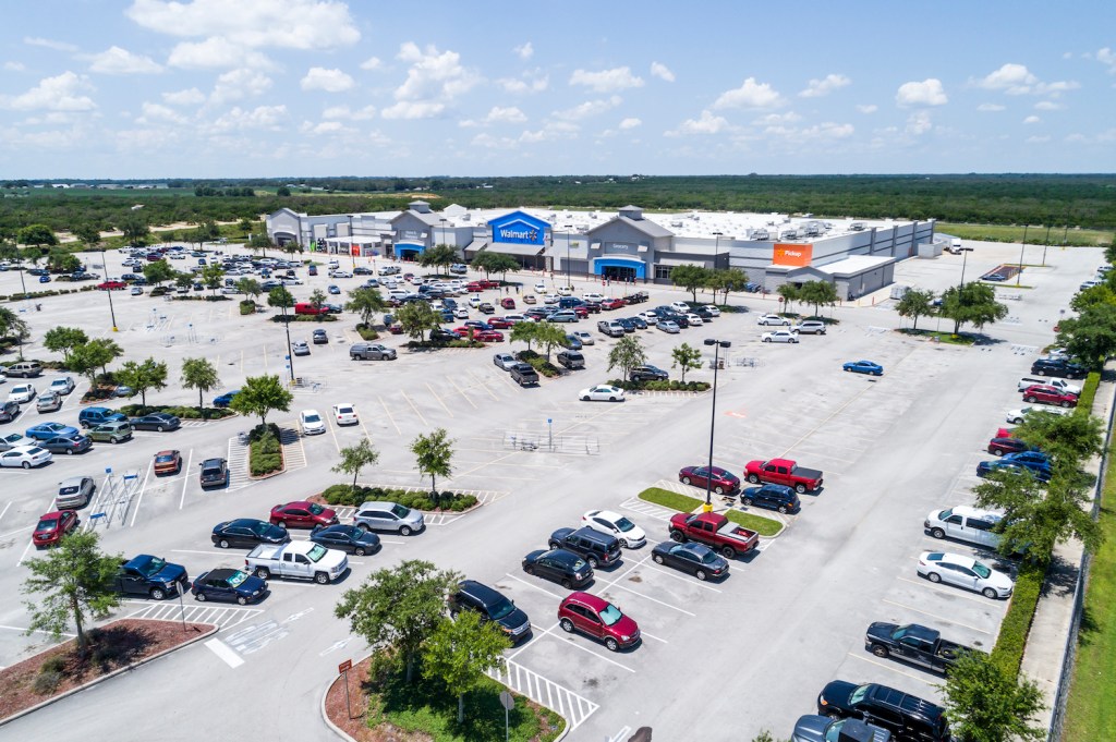 This is an overhead view of a Walmart parking lot. This nationwide franchise allows car camping on premises. | Jeffrey Greenberg/Universal Images Group via Getty Images