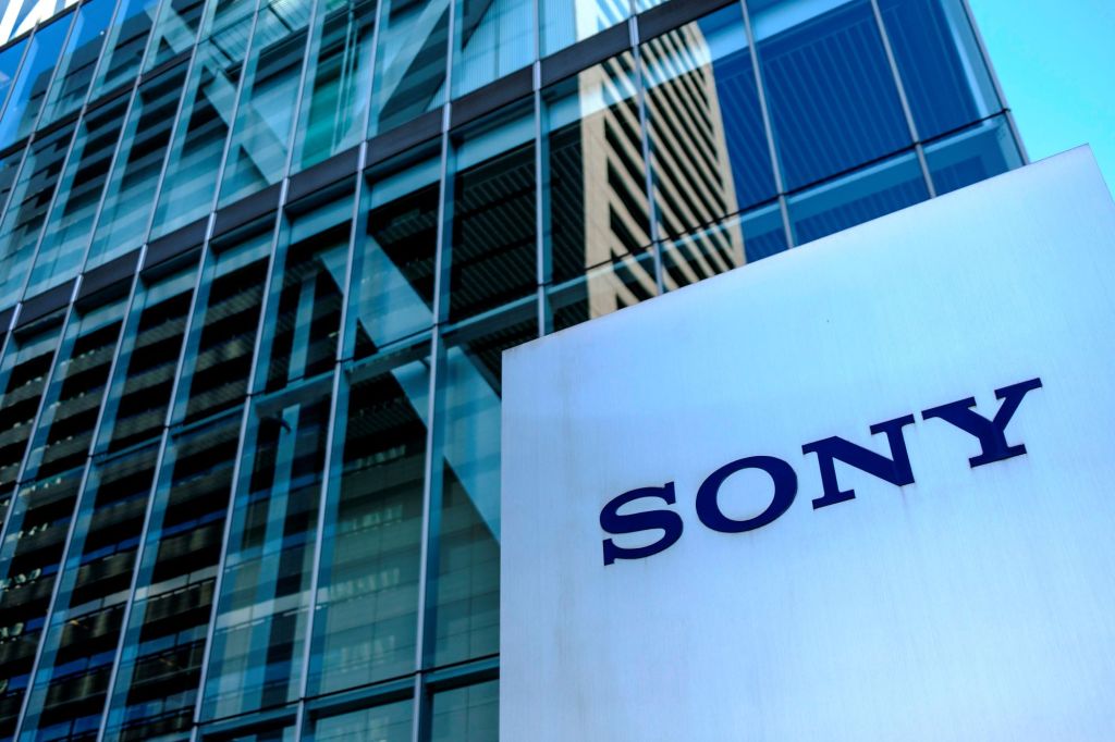 Sony, creators of the Sony car, building with a white sign in front with the name. 