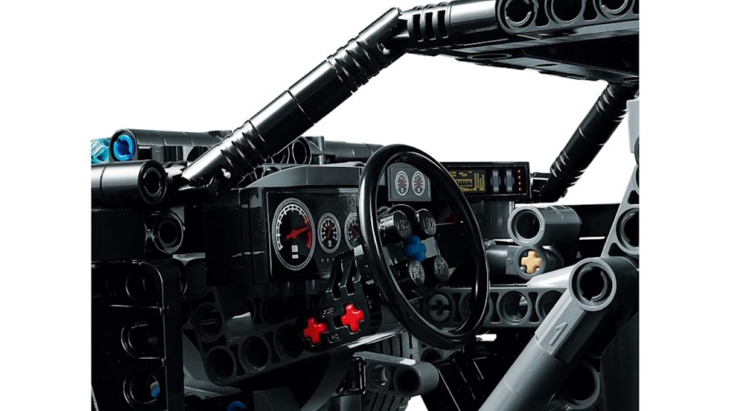 Steering wheel, gauges, and dashboard on The Batman Lego Batmobile