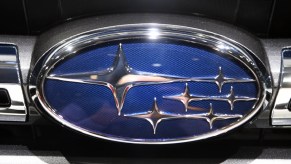 A Subaru logo, taken on the second press day. The 89th Geneva Motor Show starts on 7 March and lasts until 17 March.