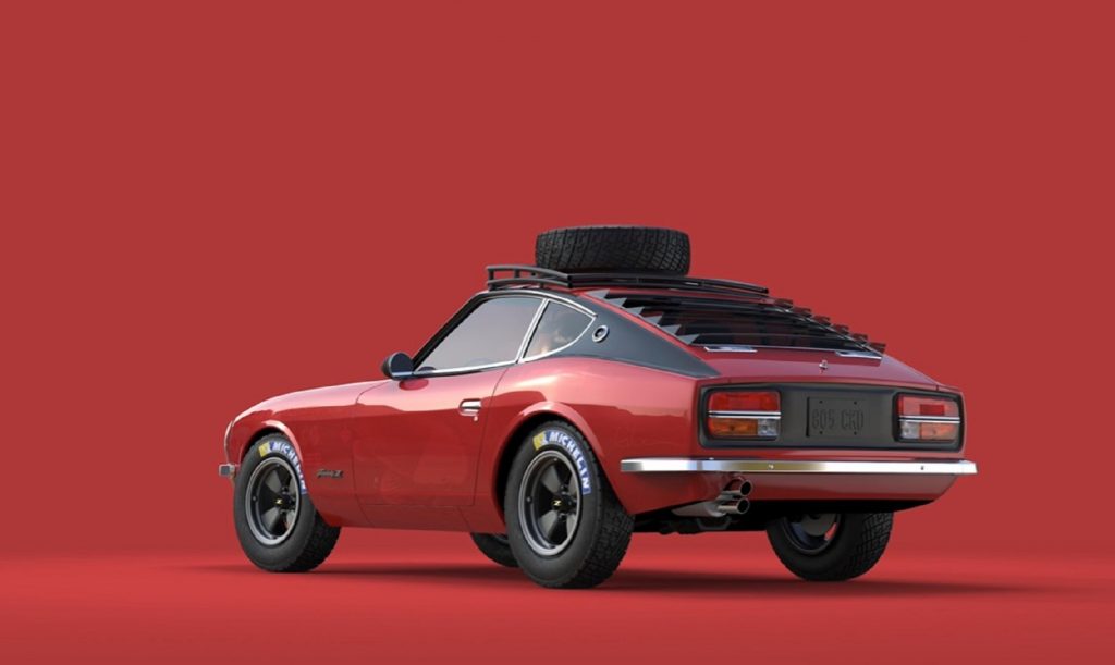 The rear 3/4 view of Sung Kang's red-and-black 1971 'Doc Z' Datsun 240Z