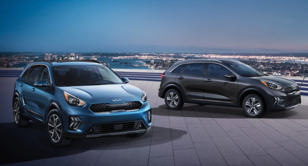 Two 2022 Kia Niro Hybrid crossovers.