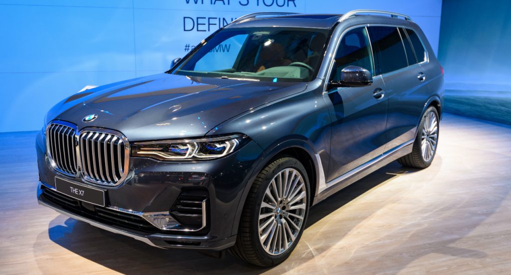 A gray BMW X7 fullsize luxury SUV on display at Brussels Expo on January 9, 2020 in Brussels, Belgium. The BMW X7 (G07 )s available in Design Pure Excellence and M Sport trims.