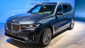 A gray BMW X7 fullsize luxury SUV on display at Brussels Expo on January 9, 2020 in Brussels, Belgium. The BMW X7 (G07 )s available in Design Pure Excellence and M Sport trims.