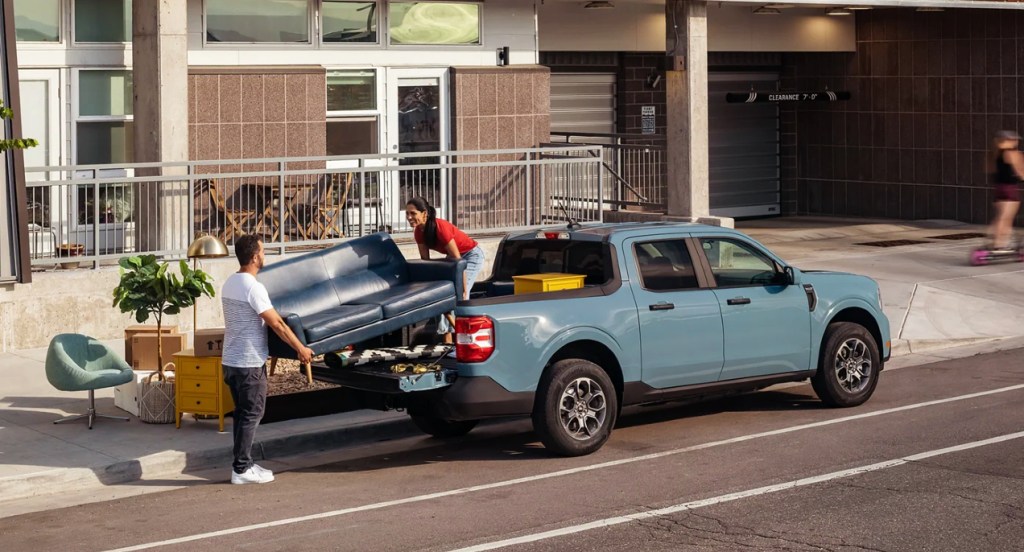 A blue 2022 Ford Maverick is being unloaded on the side of a road, how much would it cost fully-loaded?