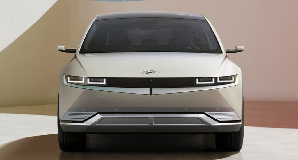 A white 2022 Hyundai Ioniq 5 is on display.