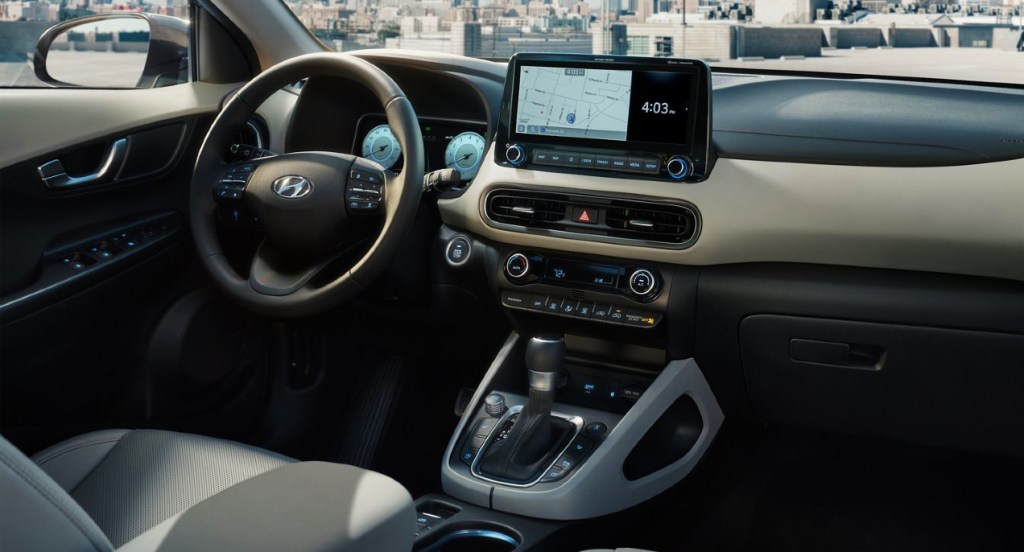 The interior of a Hyundai Kona Limited.