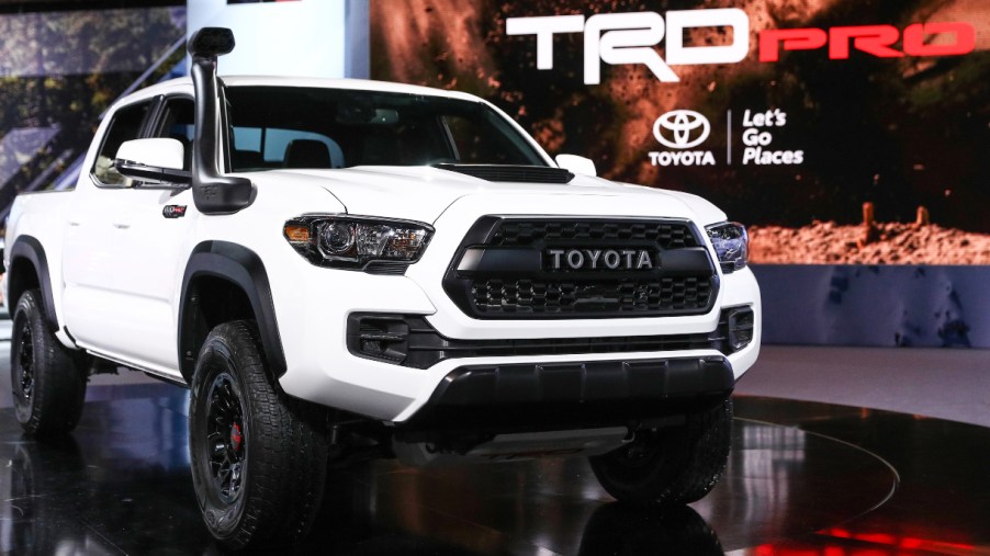 A white Toyota Tacoma TRD Pro is on display during the Chicago Auto Show at McCormick Place in Chicago, Illinois, United States on February 8, 2018.