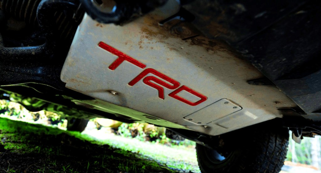 The Toyota Tacoma TRD Pro's white skid plate. 
