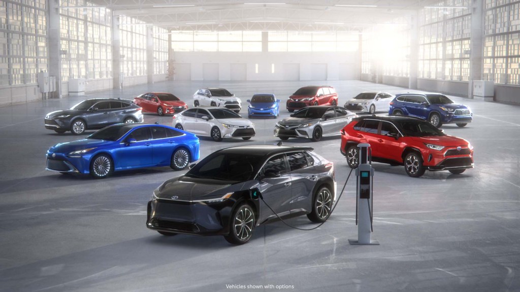 An image featuring a grouping of future Toyota electric vehicles and current electric vehicle the hydrogen fuel cell-powered Mirai