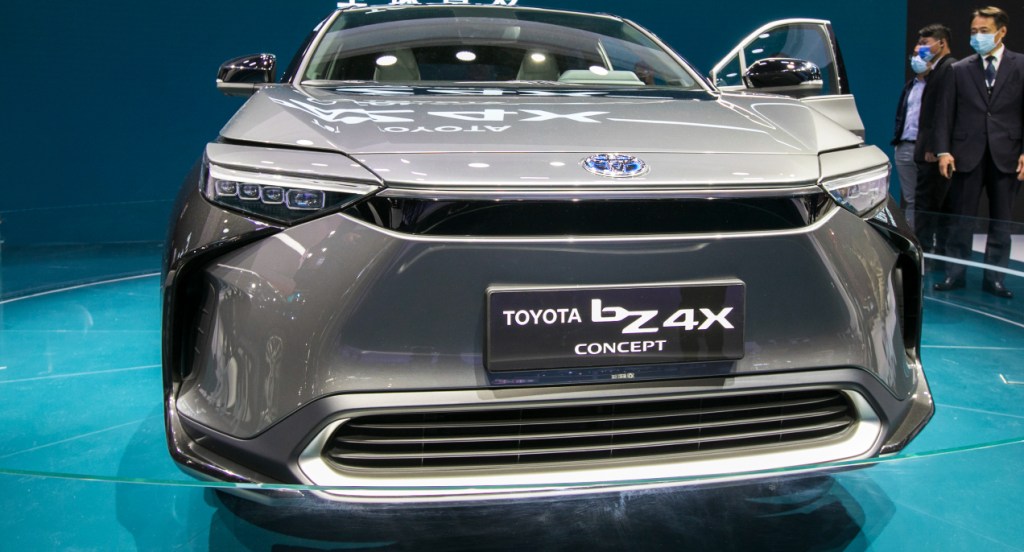 A gray Toyota bZ4X SUV is on display during the 19th Shanghai International Automobile Industry Exhibition (Auto Shanghai 2021) at National Exhibition and Convention Center