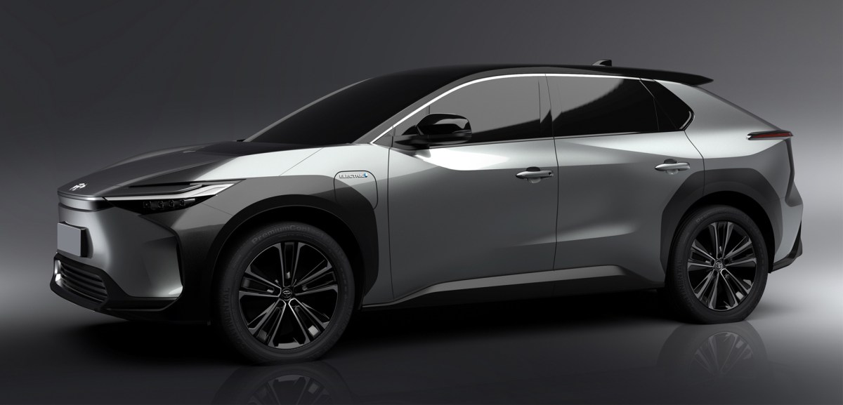 Toyota bZ4X side view rendering against a dark grey background