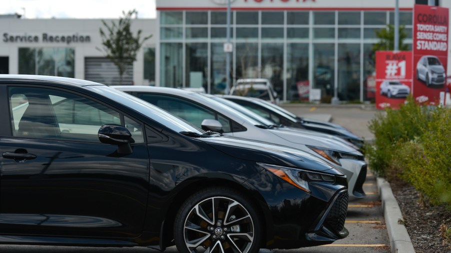 New Toyota cars parked at a dealership in August 2021 in Edmonton, Alberta, Canada