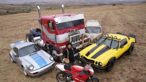 The Autobots from Transformers: Rise of the Beasts including a Porsche 964, Ducatti motorcycle, 1977 Chevrolet camaro, VW Bus, and Freightliner semi truck