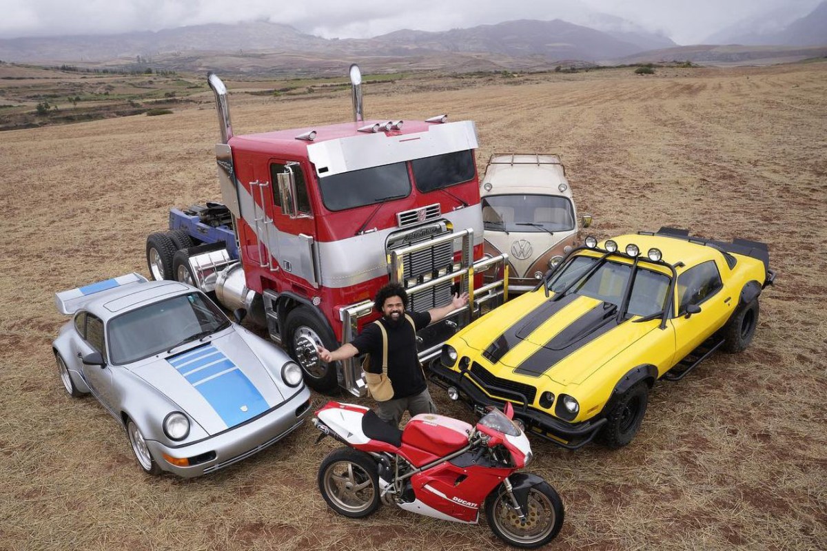 The Autobots from Transformers: Rise of the Beasts including a Porsche 964, Ducatti motorcycle, 1977 Chevrolet camaro, VW Bus, and Freightliner semi truck