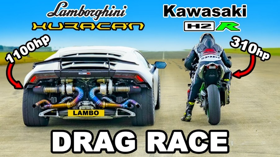carwow drag race video feature image with turbocharged Lamborghini Huracan (left) and Kawasaki Ninja H2R sportbike (right)
