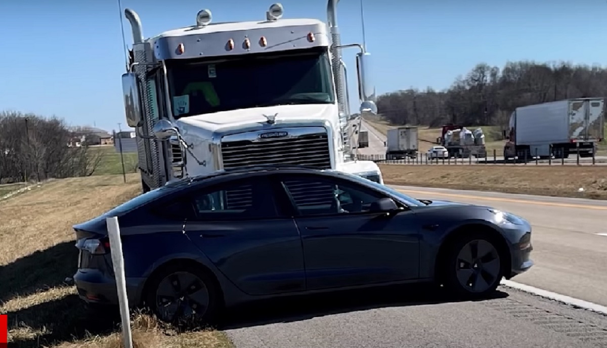 A Tesla Model 3 t-boned by a semi-truck. The truck hit the Tesla Model 3 without realizing it.