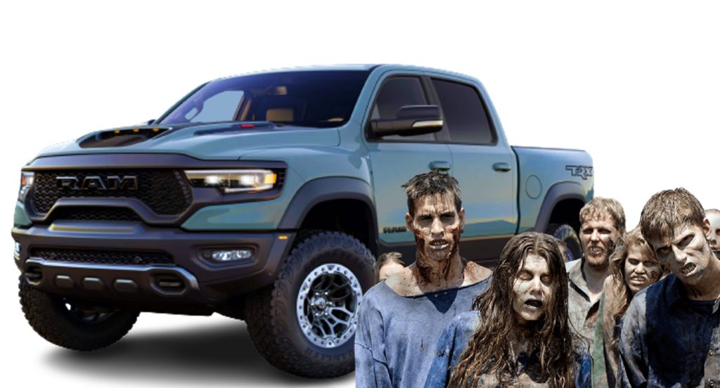 A blue Ram 1500 TRX is surrounded by zombies. 