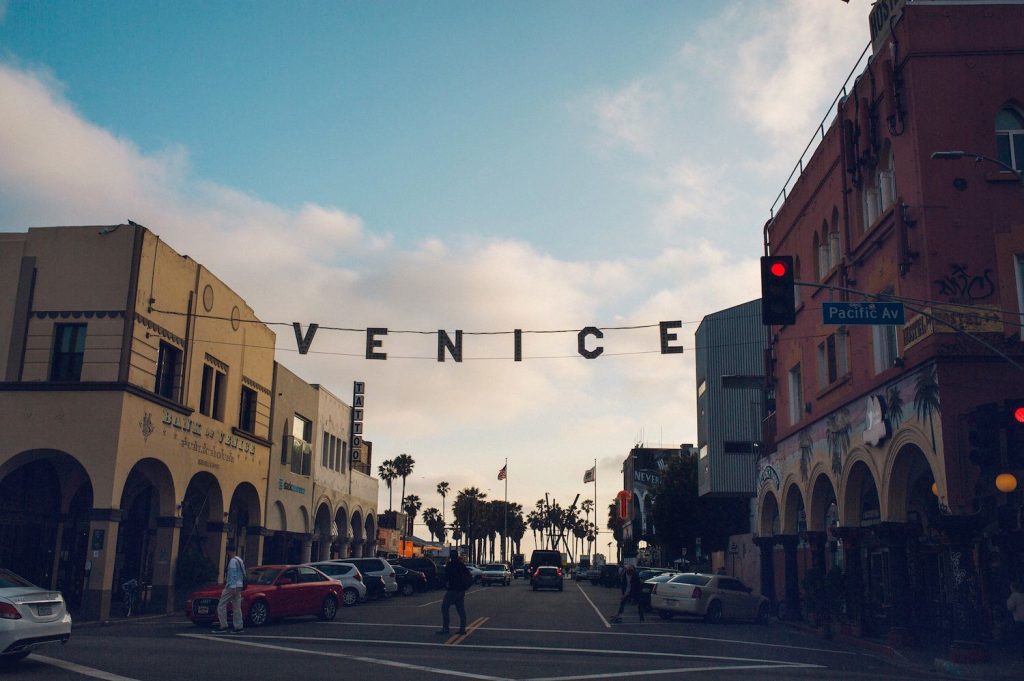 Venice sign hanging over the street in Venice, California