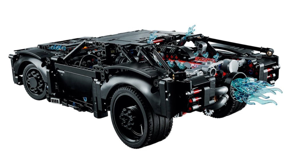View of the rear section of The Batman Lego Batmobile with a spinning flame