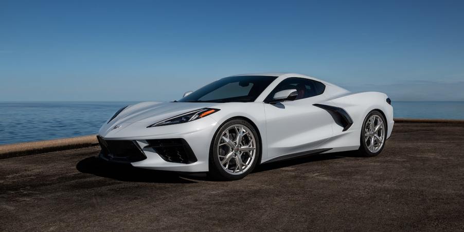 White 2022 Chevy Corvette Stingray parked near the ocean