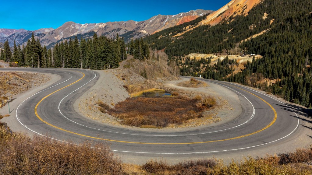 Winding scenic drive on the Million Dollar Highway in Colorado 