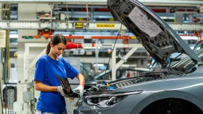 A Volkswagen Golf 8 being assembled in the Wolfsburg plant. The plant has seen a significant decrease in production due to the global chip shortage affecting the supply chain.
