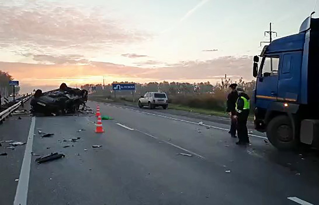 The scene of a fatal road accident involving a Volkswagen minivan and a MAZ lorry on the M7 Motorway in the Gorokhovets District