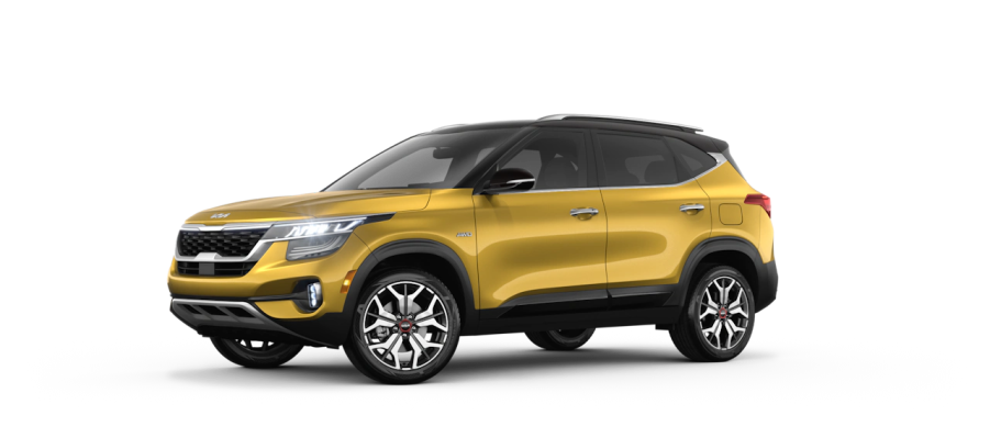A yellow 2022 Kia Seltos against a white background.