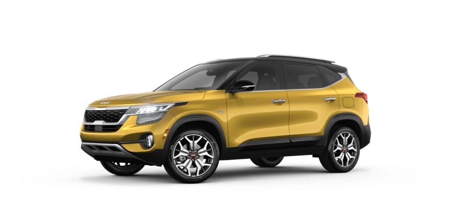 A yellow 2022 Kia Seltos against a white background.