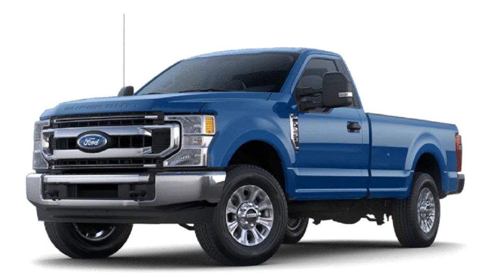A bright blue Ford F-250 against a white background. 