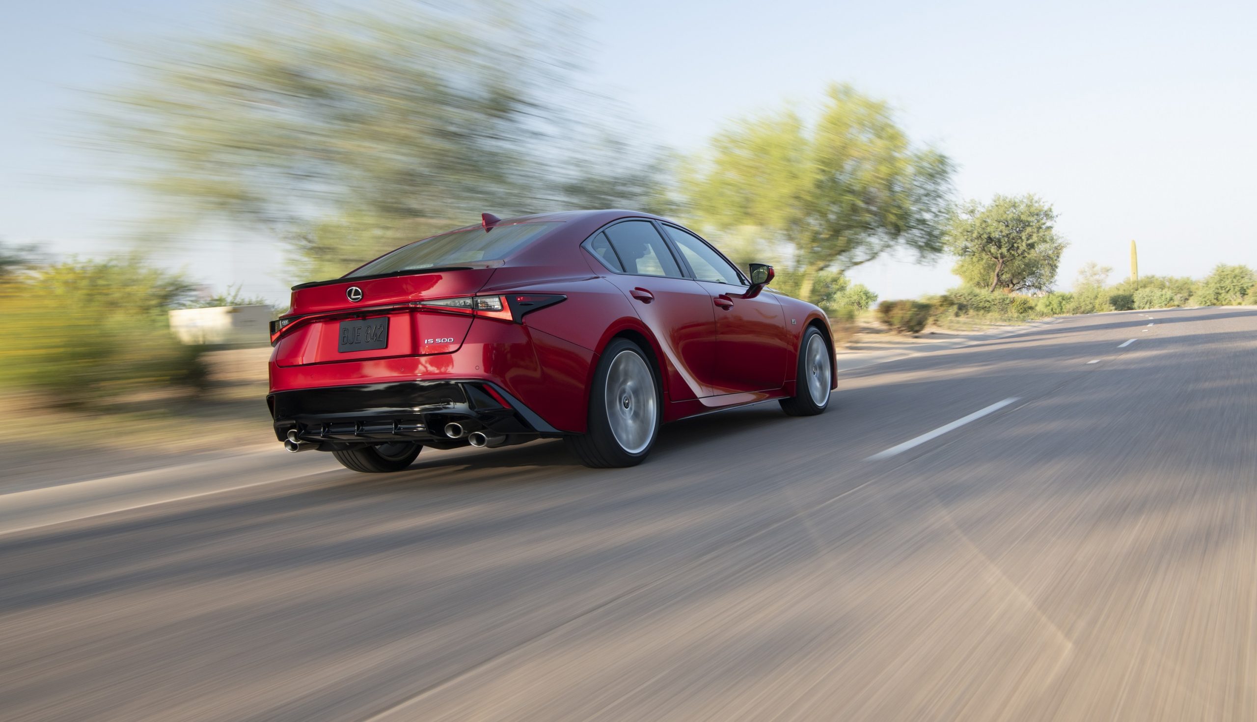 The rear 3/4 of the Lexus IS 500 in red