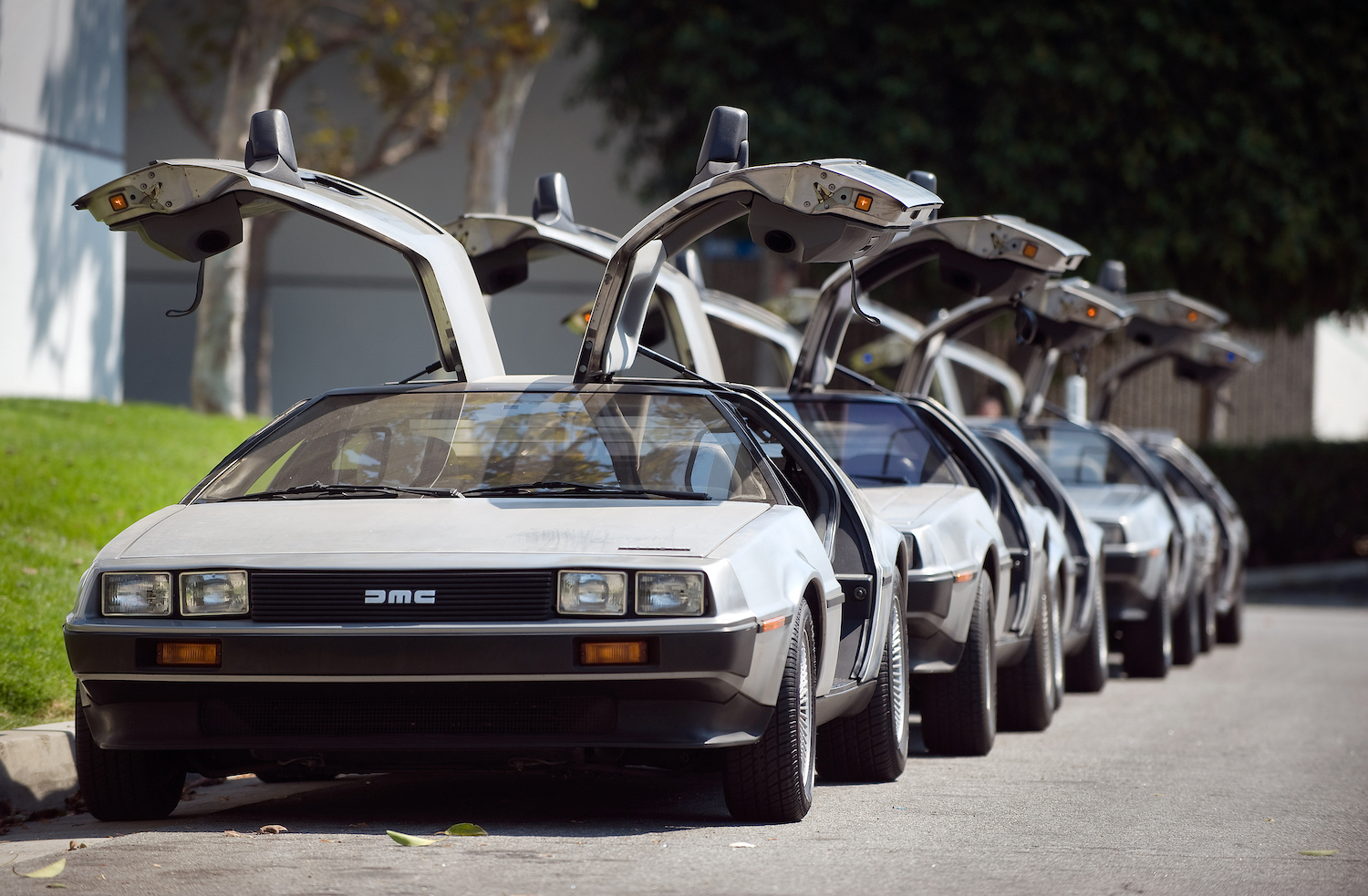 Line of open DeLoreans in Huntington Beach