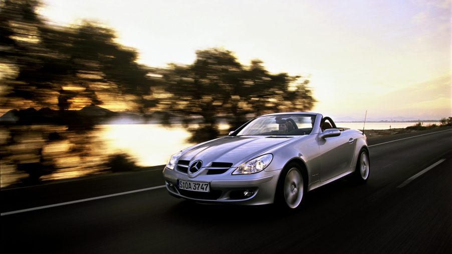 A silver Mercedes-Benz SLK55 shot from the front 3/4