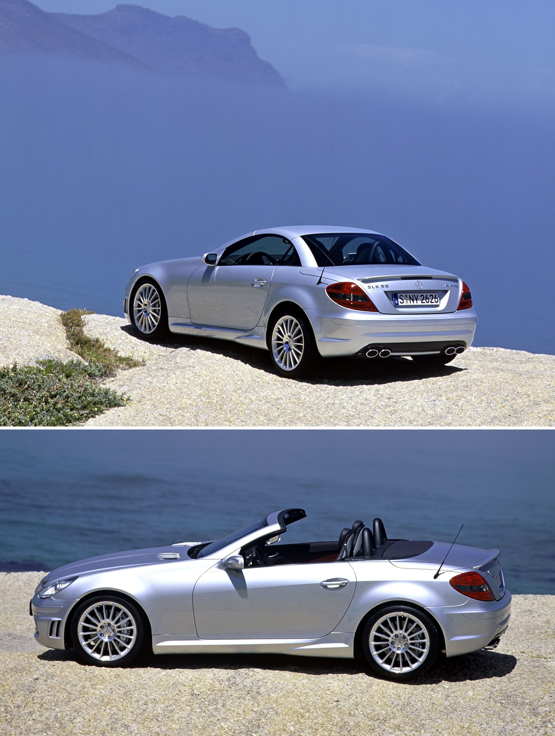A silver Mercedes-Benz SLK55 AMG with the top open, shot in profile by the seaside