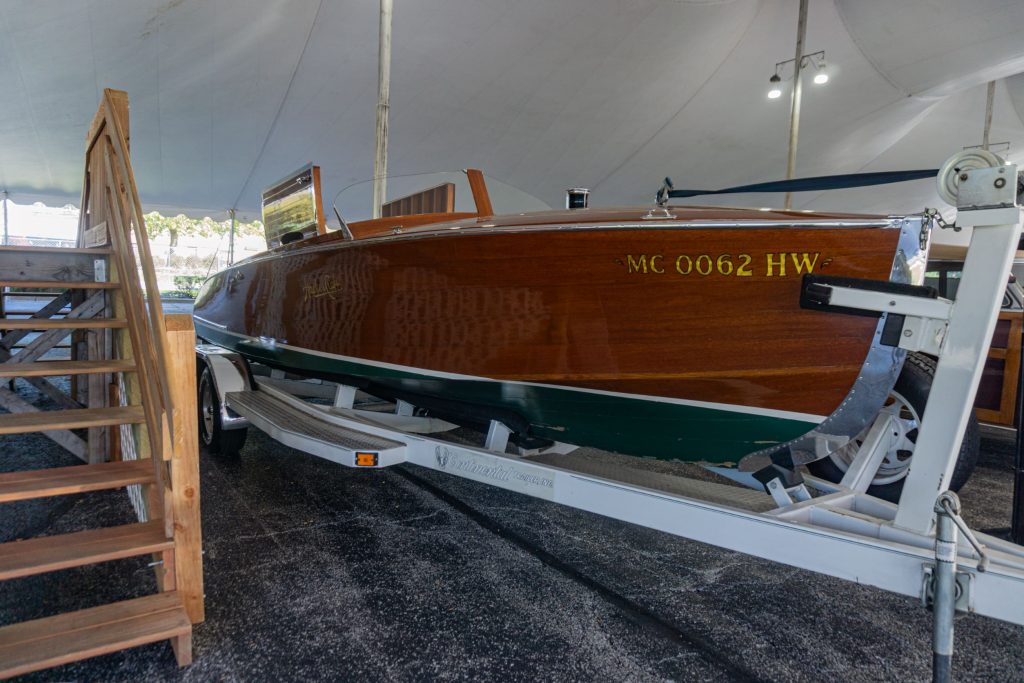 A mahogany-hulled 1927 Hacker-Craft Bootlegger at the 2021 Chicago Mecum auction