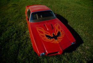 An overhead shot of a 1973 Pontiac Firebird pony car/muscle car model parked in a grass field with a red paint color option and a phoenix hood decal