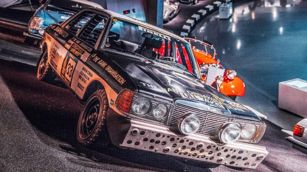 The W123 Mercedes 280E that won the 1977 London-Sydney Marathon Rally in the Mercedes-Benz Museum