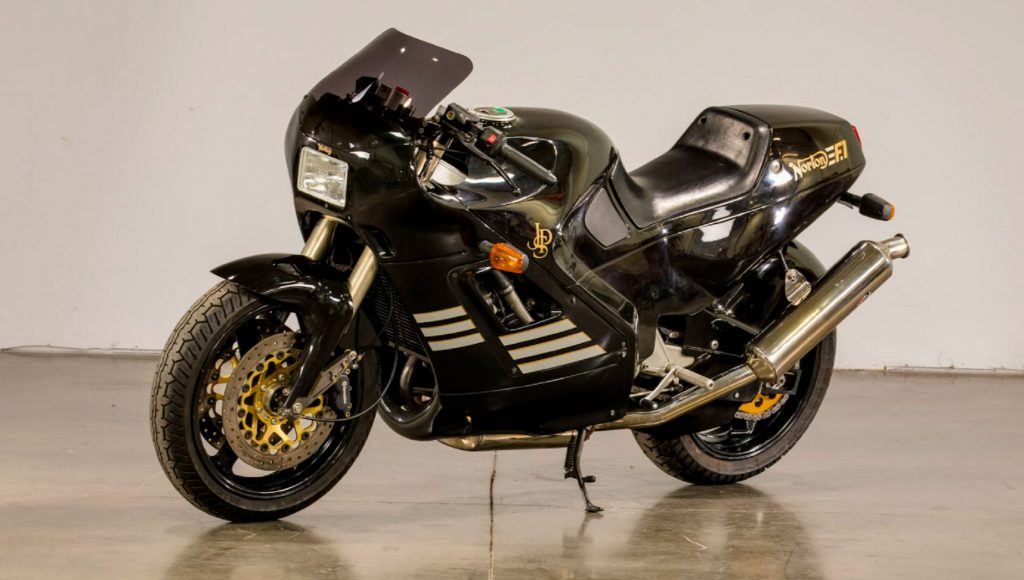 A black-and-gold-JPS-liveried 1990 Norton F1